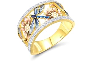 Santuzza 925 Sterling Silver Dragonfly Openwork Ring Cubic Zirconia Enamel Flower Ring 14K Gold Plated Vintage Jewelry