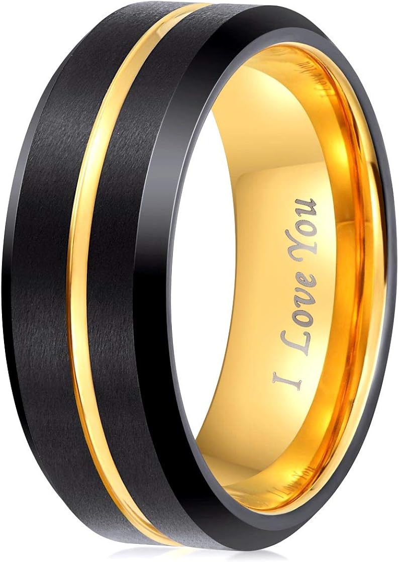 LaurieCinya Tungsten Carbide Ring Men Women Wedding Band Engagement Ring 8mm Comfort Fit Engraved ‘I Love You’ | 