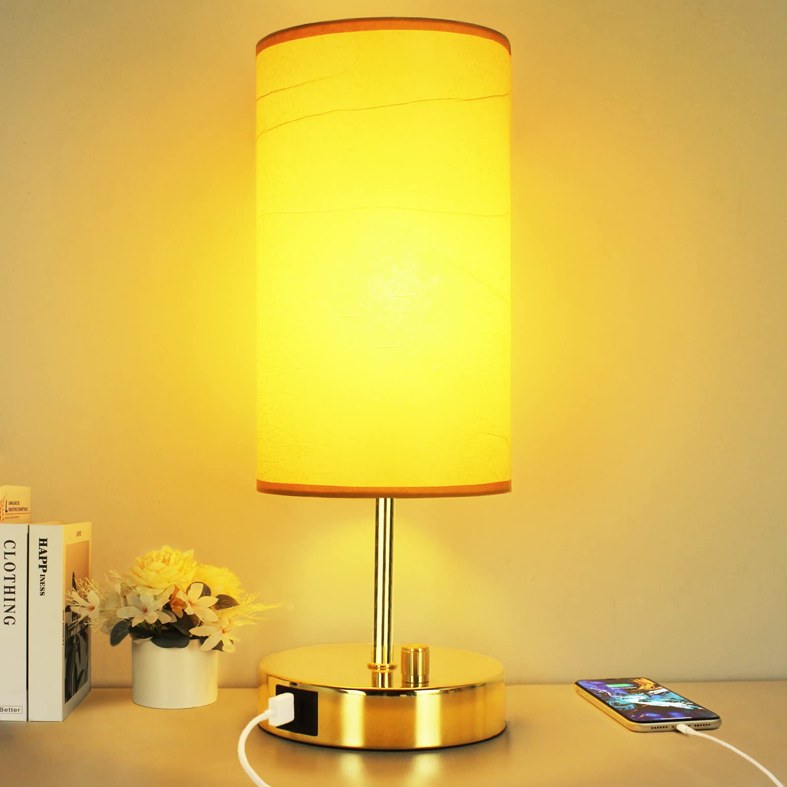 Allesgute 17.75" H Bedside Lamps, Fully Dimmable Table Lamp Gold, LED Bed Side Light with USB A + C Charging Ports, Desk Lights for Home Office(E27 Bulb Included)