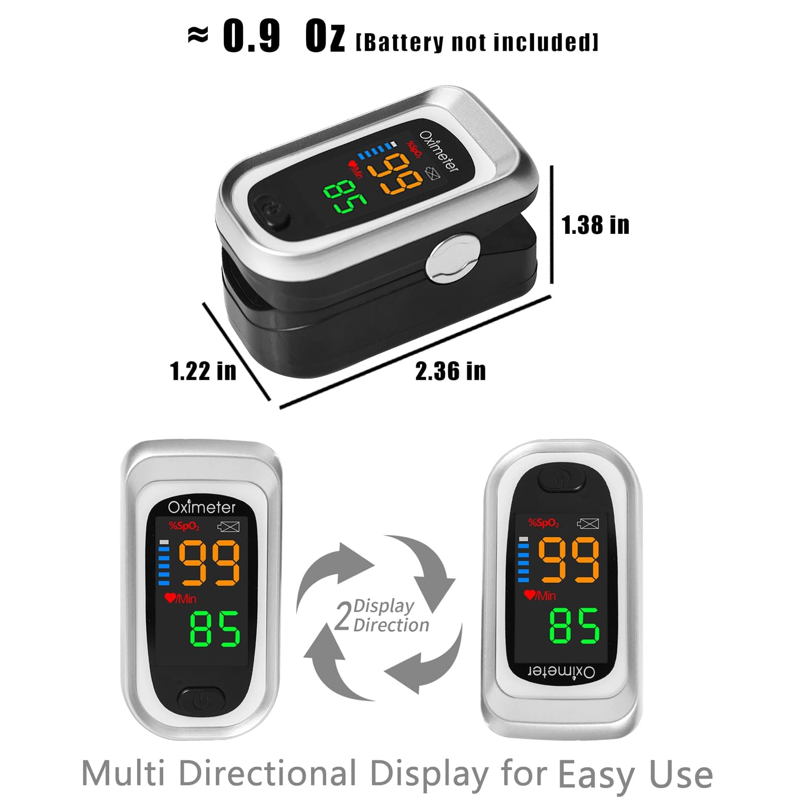 Pulse Oximeter Fingertip, Heart Rate Monitor with Large LED Display, Blood Oxygen Saturation Monitor for Adults and Kids, Accurate Fast SPo2 Reading Oxygen Meter with Lanyard (Black-Silver)