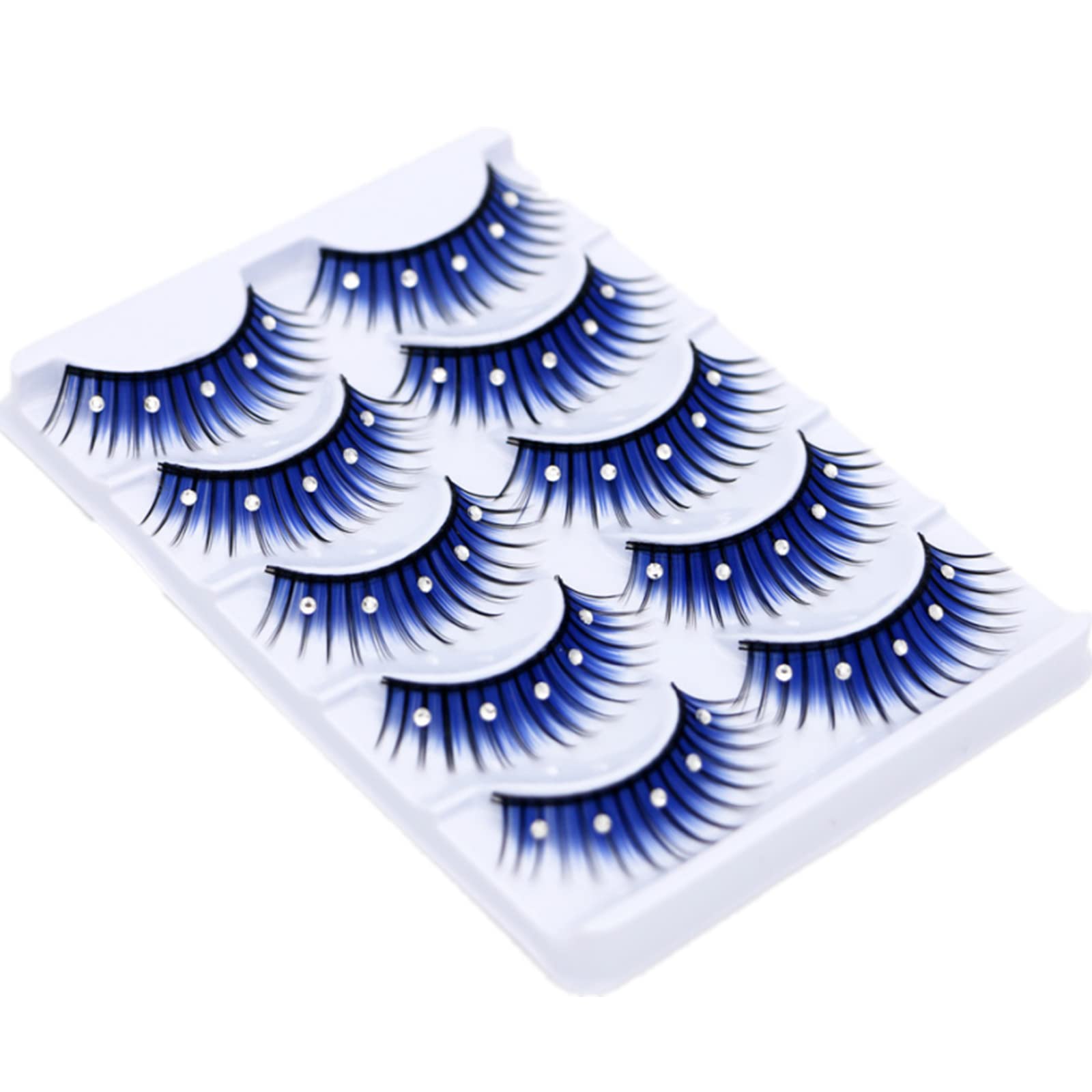 5 Pairs Fluffy Blue Shiny Rhinestone False Eyelashes - 3D Thick Long Faux Mink for Women Girls Party Stage Dance Makeup Masquerade