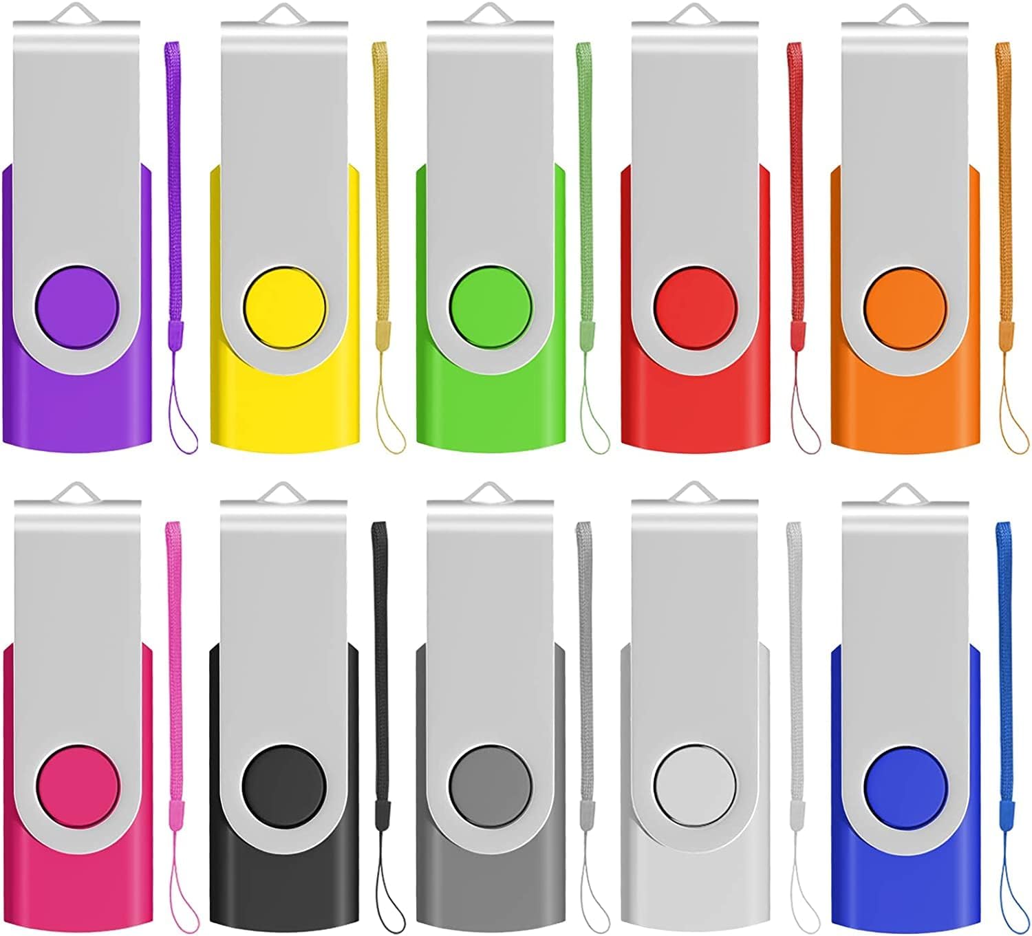 EASTBULL Memory Stick 128MB USB 10Pack, USB 2.0 Thumb Flash Drives Swivel Design Pen Memory Stick Fold Storage (10 Mixed Color With Lanyard) — image 1