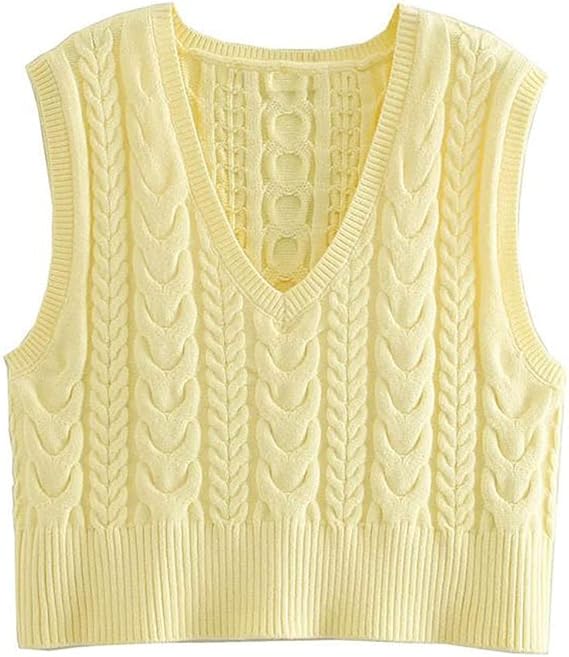 MilaBrown Spring Women V Neck Sleeveless Yellow Sweater Vest Streetwear Casual