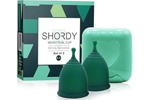SHORDY Reusable Menstrual Cups Set of 2 with Case, Silicone Period Cup, Heavy & Light Flow, Copa Menstrual, Feminine Hygiene, Tampons, Pads & Disc Alternative for Women (Green LL, 1 Count (Pack of 2))