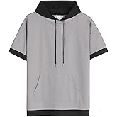 XIAOYAO Mens Short Sleeve Hoodie Soft Cotton Color Block Moisture Wicking Big Pocket Streetwear Short Sleeve Sweatshirt