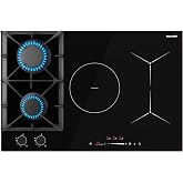 30 Inch Hybrid Gas &amp; Induction Combo Cooktop, 5 Burners (2 Gas+3 Induction) | 12000 BTU Boost, Child Safety Lock, Bridge Griddle Mode, Drop-in Cooktop for Kitchen, 6700W