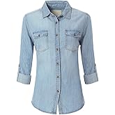 Design by Olivia Women's Classic Long/Roll Up Sleeve Button Down Denim Chambray Shirt