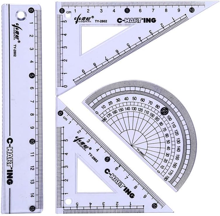 youeneom 4 Pieces Math Geometry Tool Plastic Clear Ruler Sets, Protractor, Triangle (Clear)