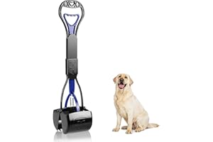 POMYDODU Pooper Scooper for Dogs, 24" Long Handle for One-Hand Opertating, Foldable and Portable, Easy to Use on Grass, Dirt, Gravel - Blue