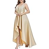 Ever-Pretty Plus Women's Elegant V Neck Sleeveless High Low A Line Sequin Satin Plus Size Cocktail Formal Dresses