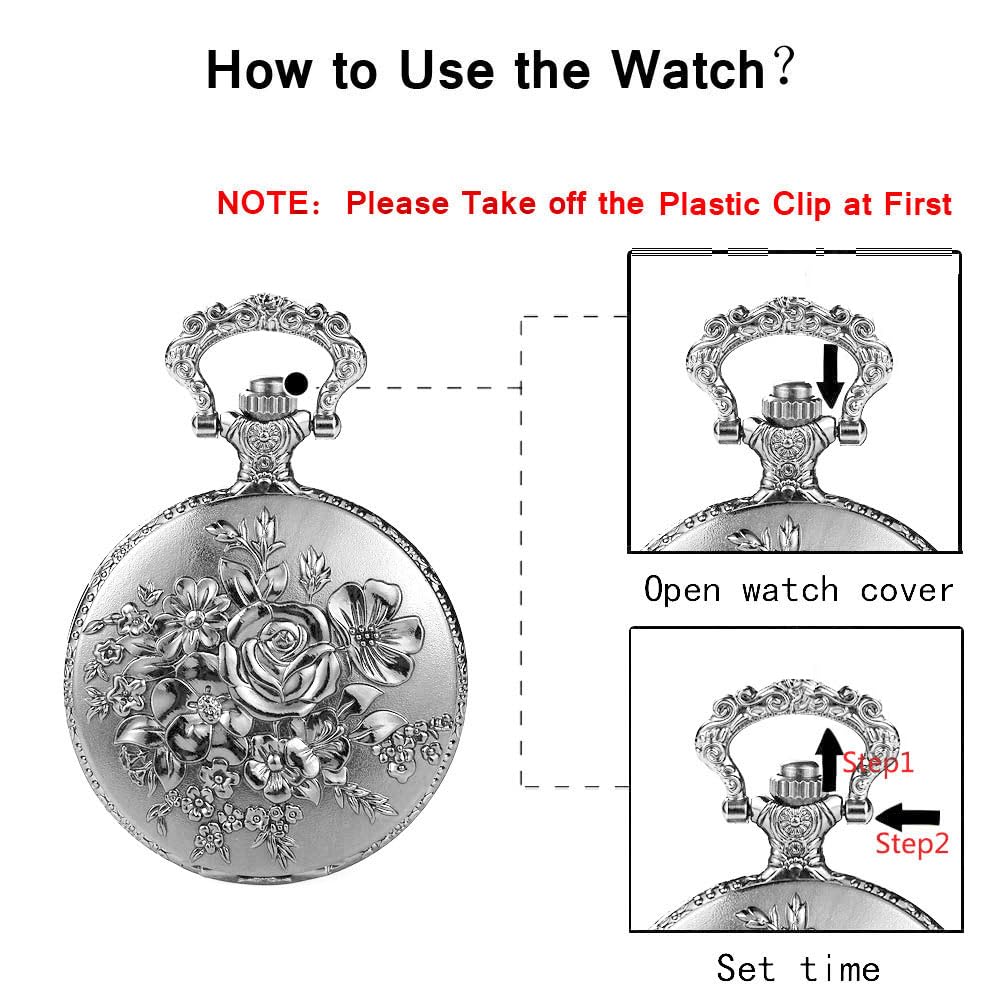 BOSHIYA Retro Flower Openwork Cover Quartz Pocket Watch with Chain Half Hunter Pocket Watches for Women with Box, for Mother's Day