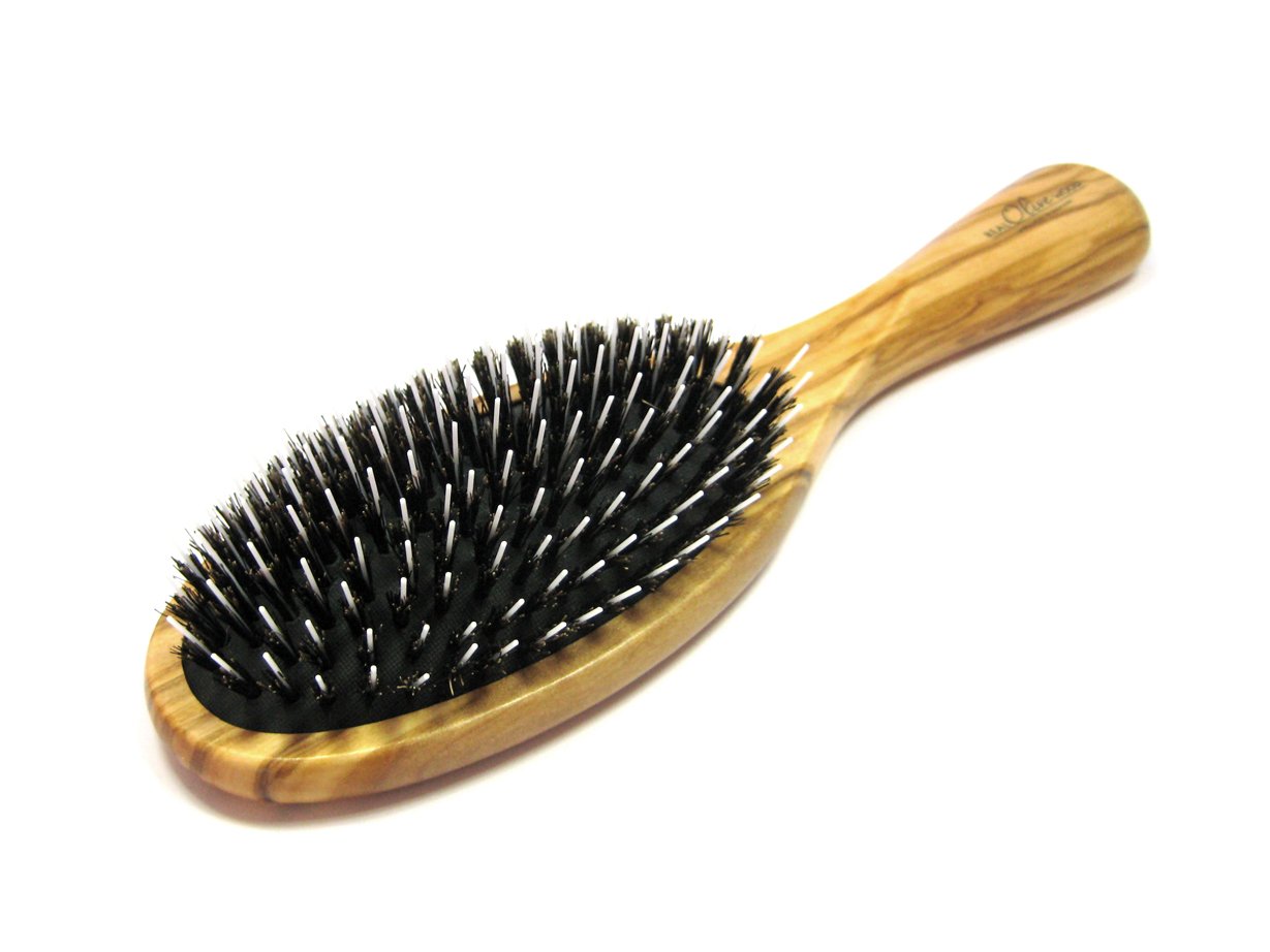 Golddachs Pneumatic Hair Brush 100% Wild Boar Bristles with Rounded Hairdresser Pins in Olive Wood 11 Rows