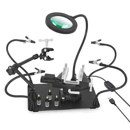 Magnetic Helping Hands Soldering Station – 4 Flexible Arms With 3X LED Magnifying Lamp, PCB Holder, 360° Hot Air Gun Mount, Heavy Duty Base