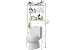 Simple Trending Over The Toilet Storage Rack, Metal 3 Tier Bathroom Organizer Shelf with Paper Holder and 3 Hooks, White
