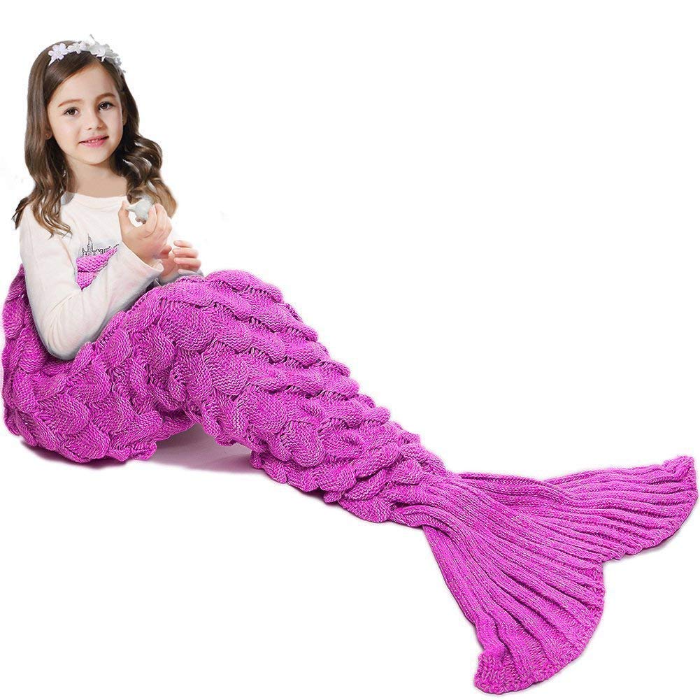 AOSUCO Handmade Knitted Mermaid Tail Blanket,Warm Sofa Quilt Living room blanket for Adults and Kids 140 * 70cm (55.1 inch x27.5 inch) (Kids-Scale Pink)