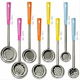 Portion Control Serving Spoons, 8 Piece Set Stainless Steel Measuring Cups | Restaurant Serving Ladle Utensil, Includes 2, 4, 6, 8 oz Solid &amp; Unslotted Scoops, 14-1/4"" Long for Parties &amp; Catering