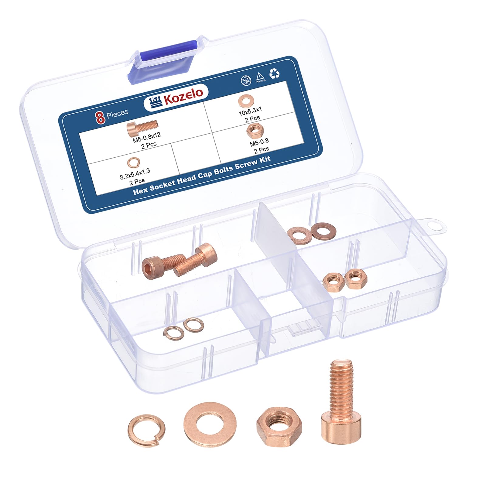 Kozelo 8pcs M5 Socket Head Cap Screws Bolts Nuts Assortment Kit - [M5-0.8x12mm] Red Copper Fully Threaded Hex Screw for 3D Printer Use