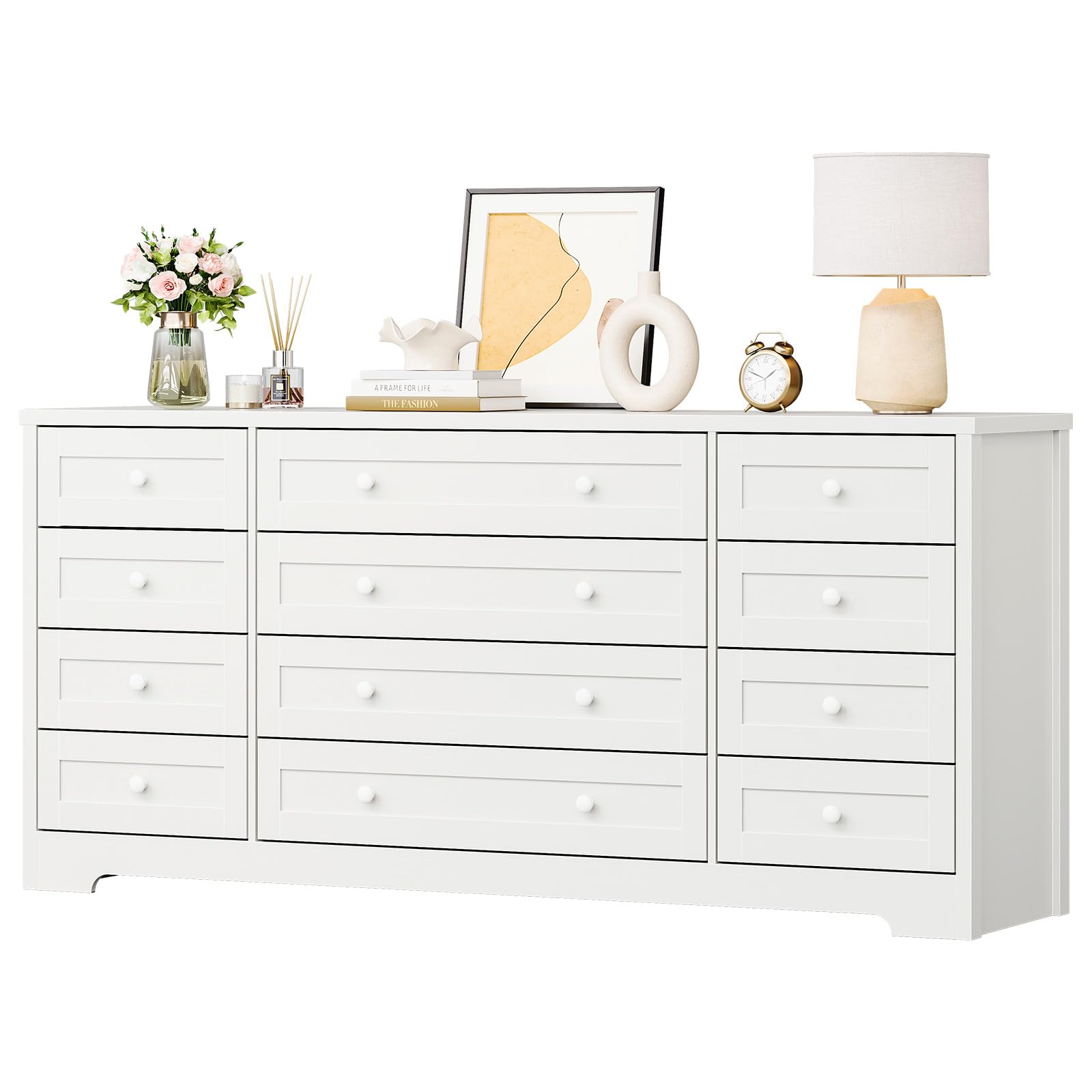 Photo 1 of PeakPursuit 12 Drawer Wood Dressers for Bedroom, White Wooden Dresser for Living Room, Hallway, Entryway, Modern Wide TV Stand Dresser for 65 inch TV, Wood Chest of Drawers, 63" W × 29.5" H × 15.8" D