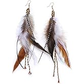 CUSTZ Handmade Natural Feather Dangle Earrings Vintage Bohemian Multicolor Pheasant Feathers Earrings for Womens (js000058)