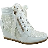 Forever Link Women's Fashion Glitter High Top Lace Up Wedge Sneaker Shoes