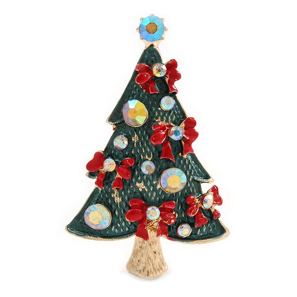Green Enamel Crystal Christmas Tree with Red Bows In Gold Tone Metal - 52mm Tall
