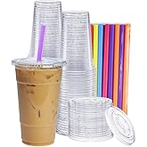 GUSTO [24 oz. - 100 Count Clear Cups with Flat Lids & Straws - Disposable Clear Drinking Cups for Iced Coffee, Cold Drinks, Milkshakes, and Smoothies - Formerly Comfy Package