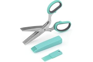 Jenaluca Herb Scissors with 5 Blades and Safety Cover - Cut, Chop & Mince Fresh Herbs & Leafy Greens - Stainless Steel Kitchen Shears with Cleaning Comb - Cool Kitchen Gadgets (Blue)