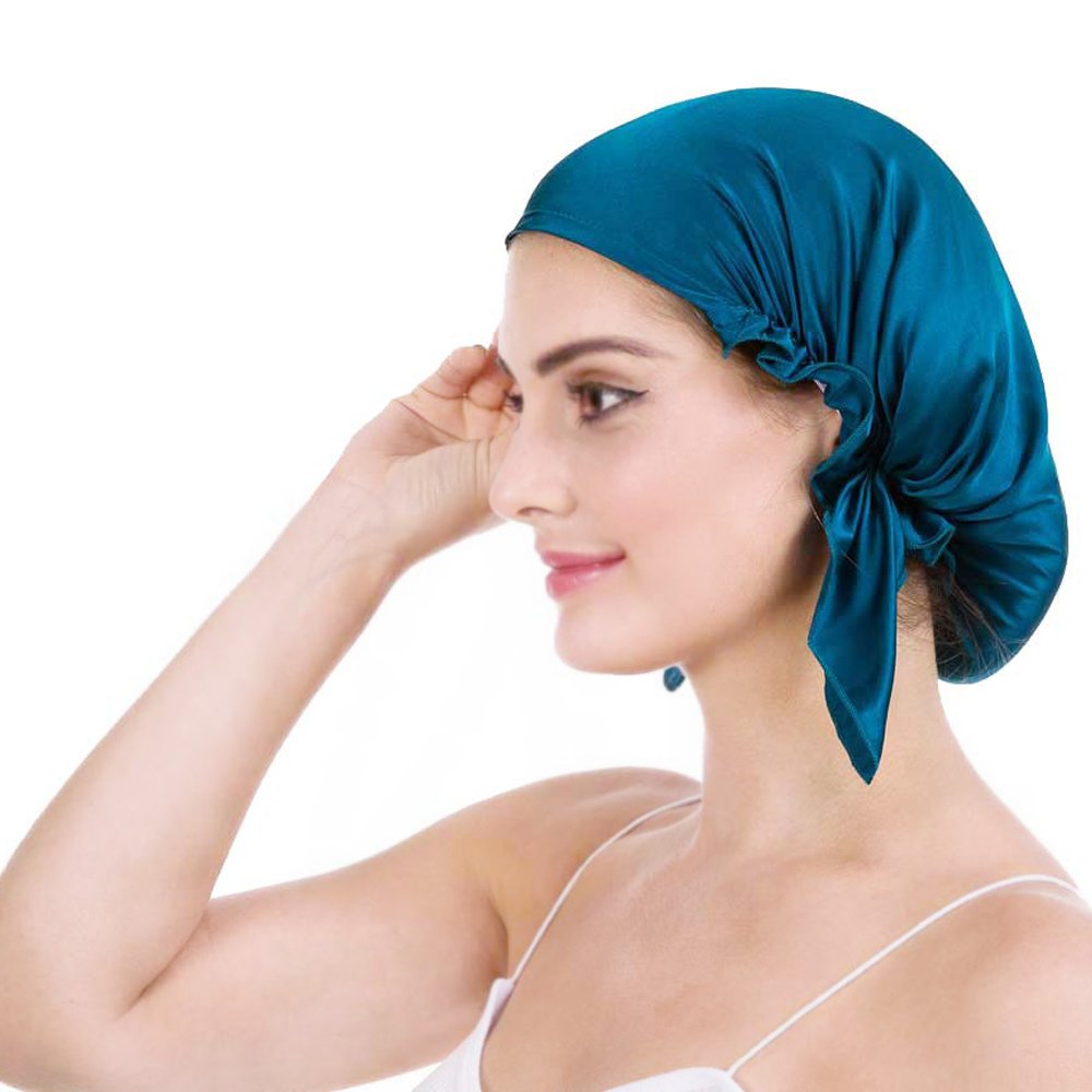 OROPY Mulberry Silk Night Sleep Cap Bonnet for Hair Loss, Women Silk Hair Wrap 19 Momme Soft with Adjustable Elastic Ribbon (Free Size, Peacock Blue Color)