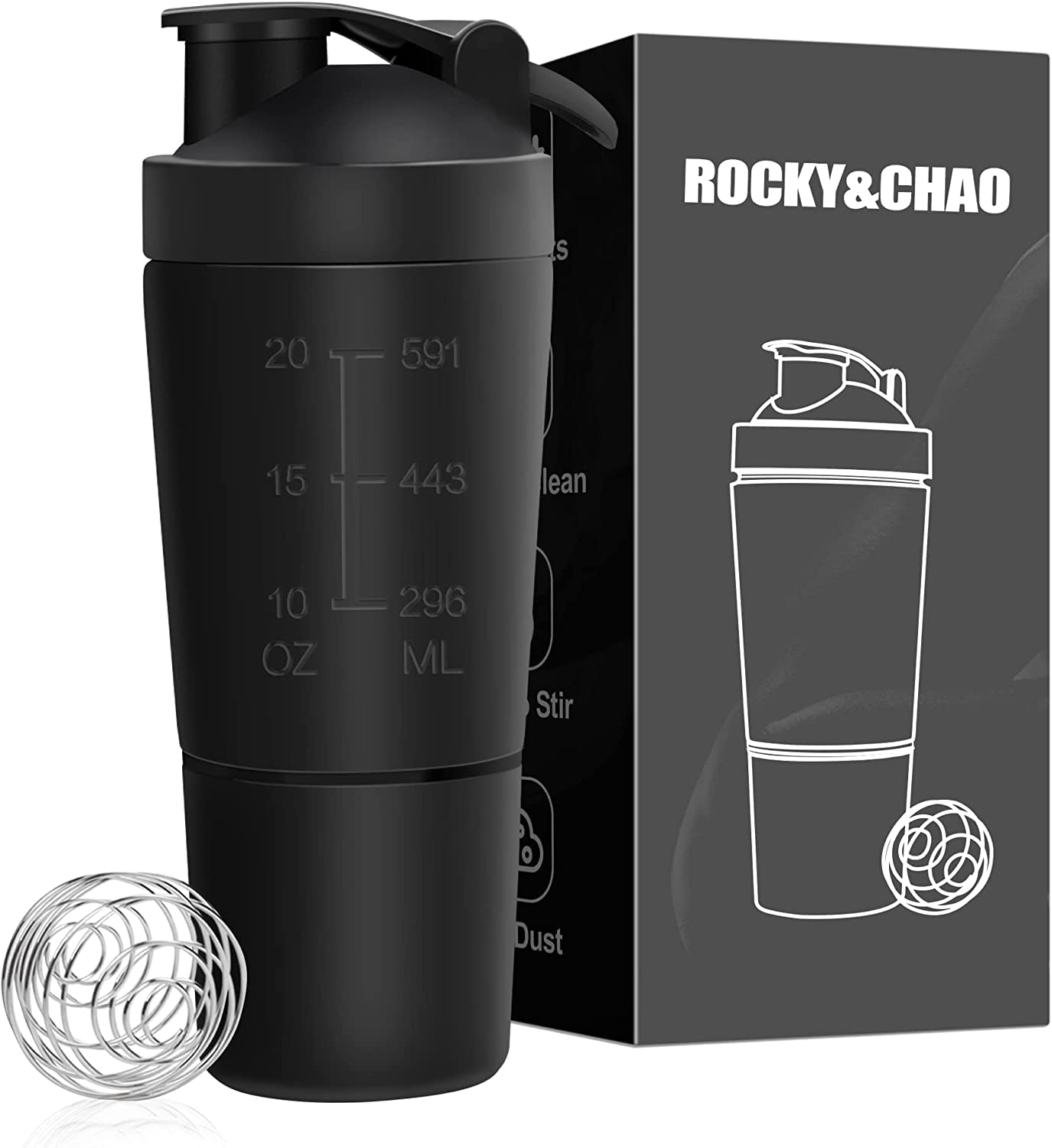 ROCKY&CHAO 700ML Protein Shaker with 200ml Storage Cup, Metal Protein Shaker With Mixball, BPA Free&Leak-Proof Shaker Bottle For Protein Shakes, Stainless Steel Shaker with Storage&Shaker Ball, Black