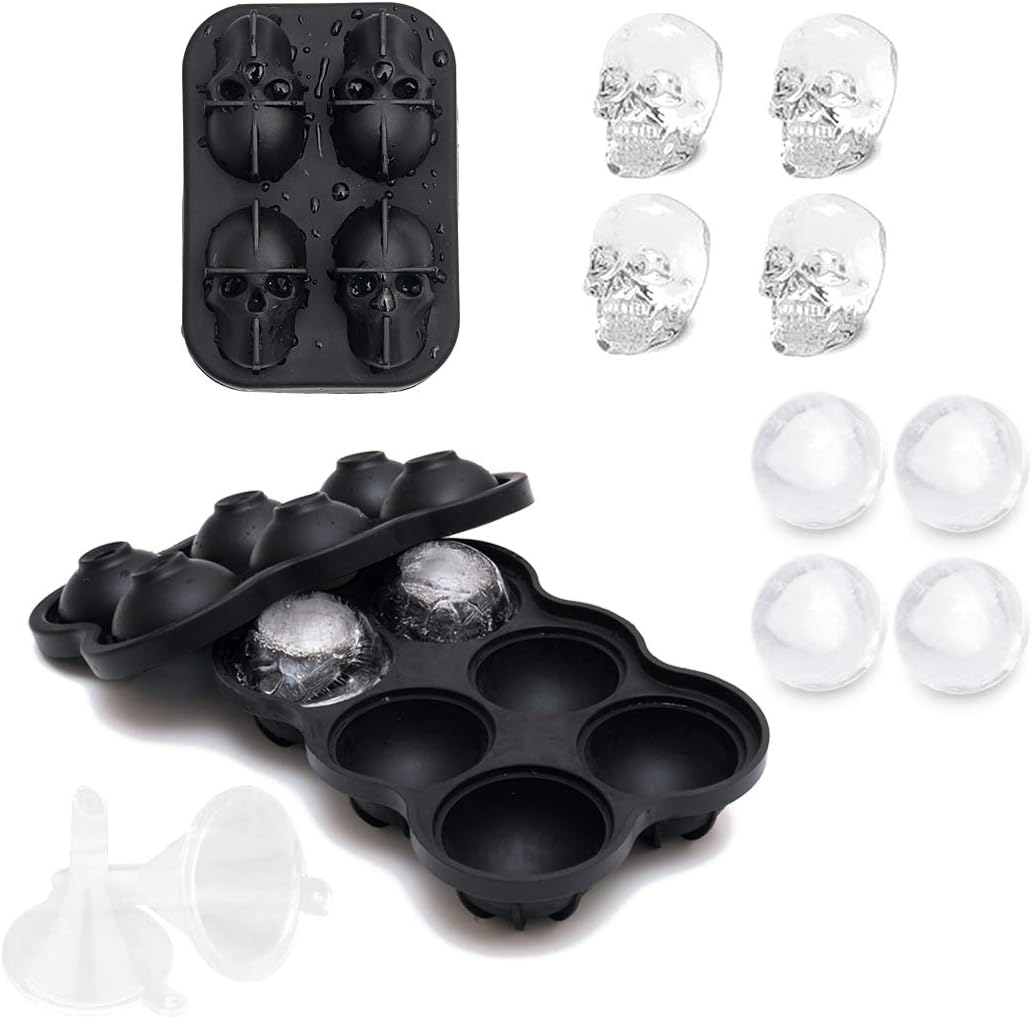 Ice Cube Mold - HIFEOS Silicone Ice Cube Trays, Sphere Ice Ball Maker with Lid & 3D Skull Ice Molds for Whiskey & Cocktails, with 2 Funnels (Set of 2)