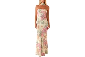 MEIWEILEYA Women Floral Tube Maxi Dress with Scarf Y2k Strapless Backless Mesh Long Bodycon Dresses Formal Cocktail Sundress