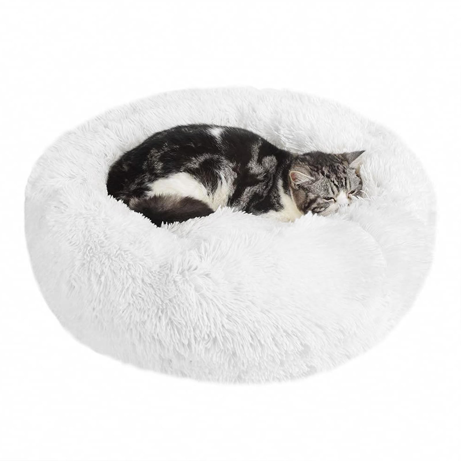Nepfaivy Calming Dog Cat Donut Bed - 19.7in Fluffy Plush Puppy Kitten Cuddler Round Bed, Warm and Soft Pet Cosy Anti Anxiety Beds with Non-Slip Bottom and Washable(M-50CM, White)