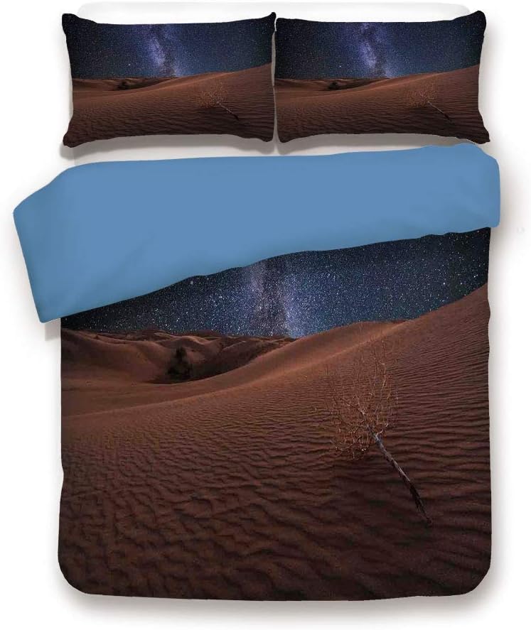 Blue 3pc Bedding Set,Life on Mars Themed Surreal Surface of Gobi Desert Dune Oasis Lunar Adventure Photo Queen Duvet Cover Set,Printed Comforter Cover with 2 Pillowcases for Teens Boys Girls & Adults