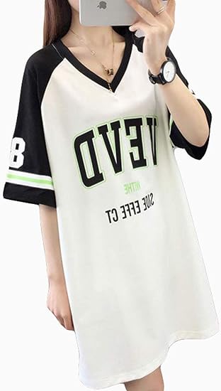 Amazon Mlbossロングtシャツ レディース Vネック ゆったり 半袖tシャツ オーバーサイズ 着痩せ 韓国ファッション 夏物 原宿系 トップス Tシャツ カットソー 通販