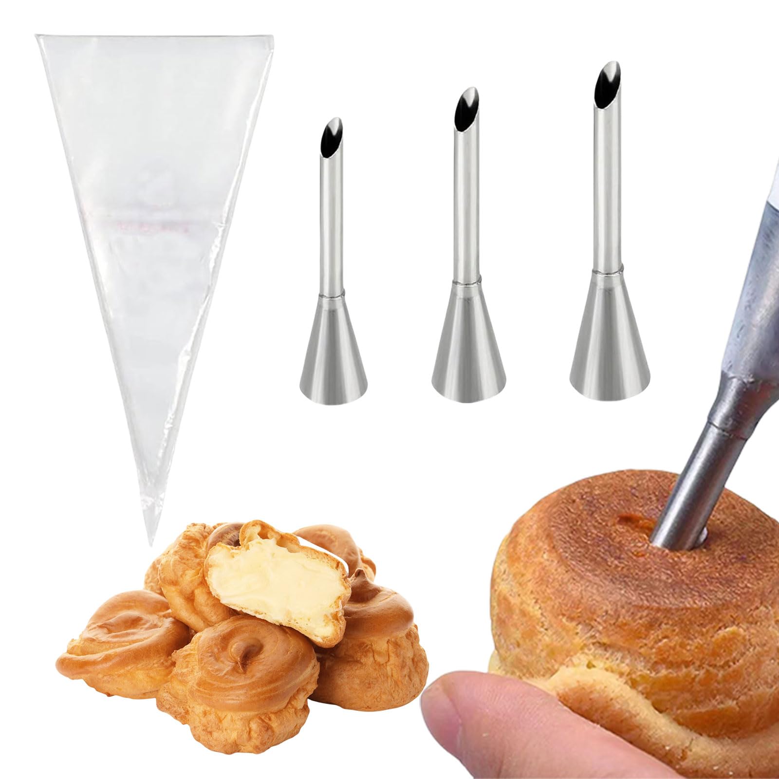 Cream Piping Nozzles,3 Pcs Long Puff Nozzles Filling Piping Nozzle Icing Piping Tips with 20Pcs Piping Bags for Eclair,Donuts,Muffins,Cupcakes,Pastry,Cakes