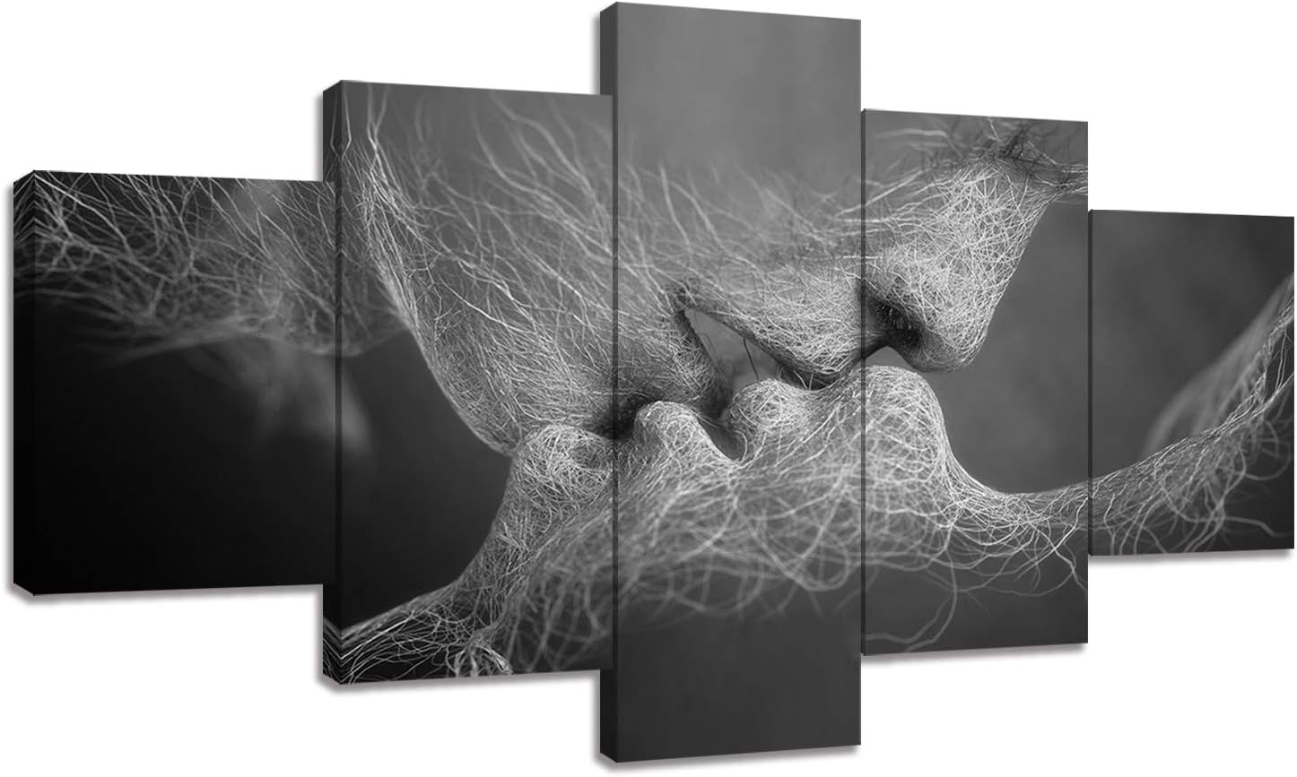 Urttiiyy Black and White Love Kiss Abstract Art on Canvas Painting Wall Art Adam and Eve Picture Print 5 Panel Modern Home Decor Framed Ready to Hang