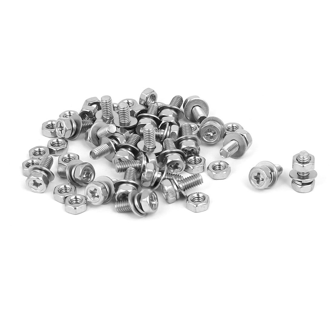 Sourcingmap M4 x 10mm 304 Stainless Steel Phillips Hex Head Bolts Nuts w Washers 25 Sets