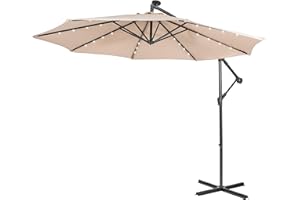 DORTALA 10FT Cantilever Patio Umbrellas, Offset Patio Umbrella with 32 Solar Lights, 360 Degree Rotation, Cross Base and Cran