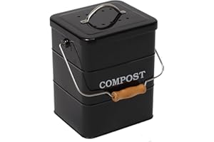 MOREZI Compost Bin Kitchen Countertop Indoor Compost Pail Bucket, Great for Food Scraps, Carbon Steel, Handles, Black, 1 Gallon - Includes Charcoal Filter