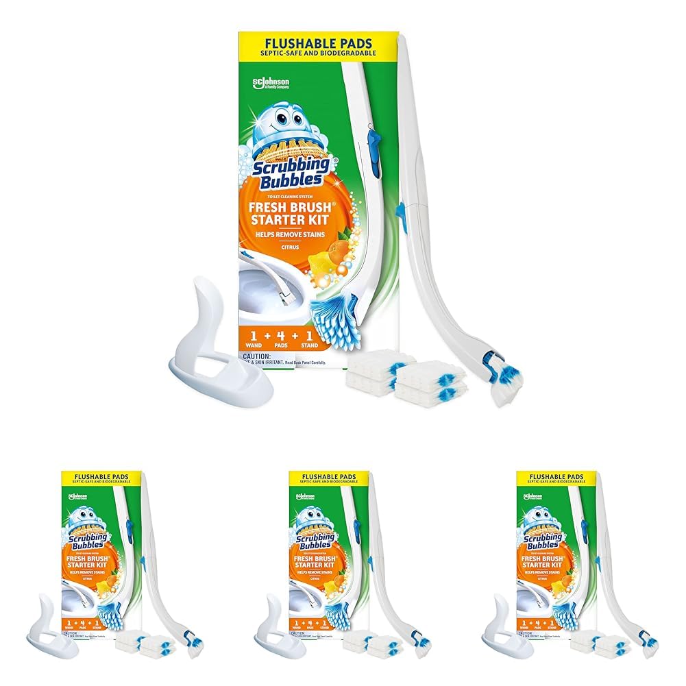 Scrubbing Bubbles Toilet Bowl Brush and Holder with Cleaner Refill Pads, Fresh Brush Toilet Wand Starter Kit, Cleans Limescale & Fights Odors, Citrus Scent, 1 Wand + 4 Refills + 1 Stand (Pack of 4) Image