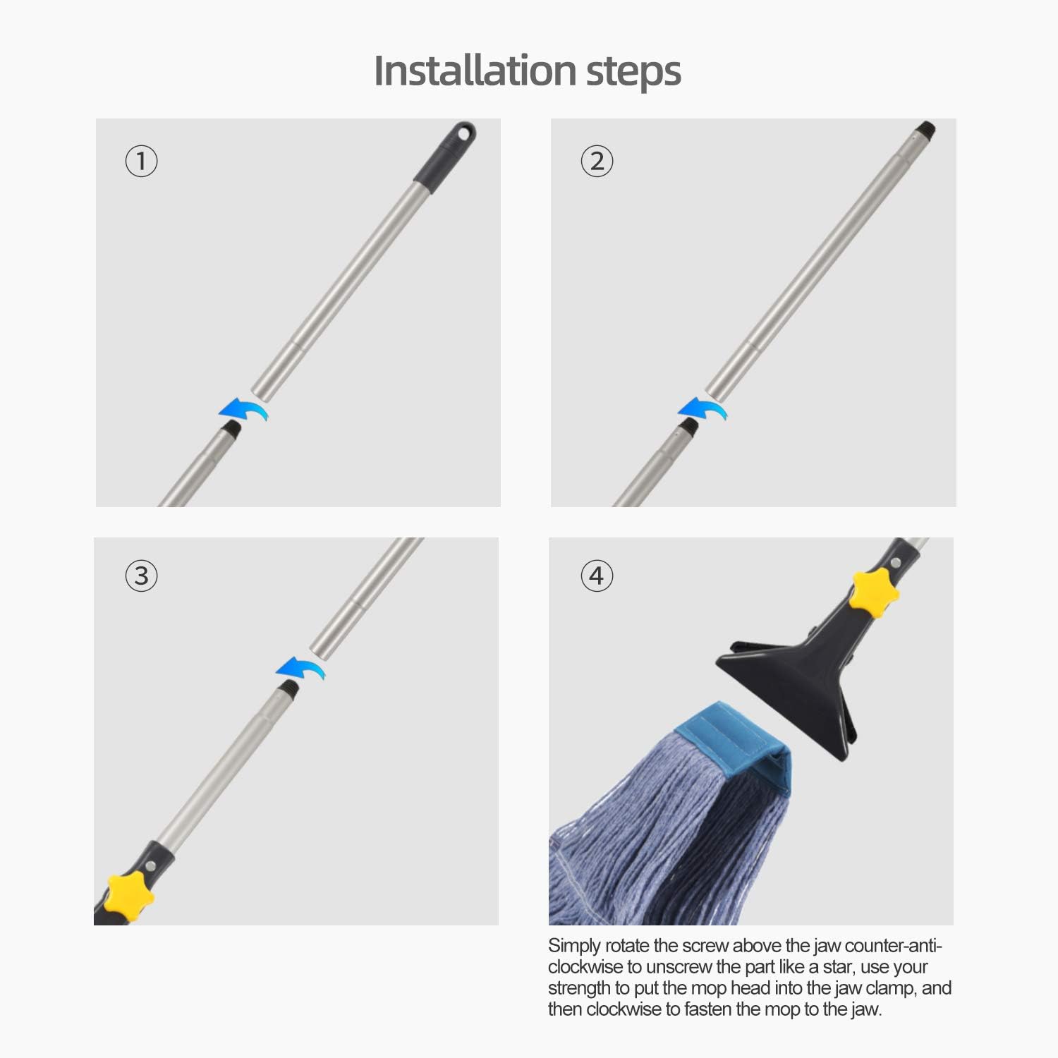 Yocada Looped-End String Wet Mop Heavy Duty Cotton Mop Commercial Industrial Grade Iron Pole Jaw Clamp Floor Cleaning 52in Long: Home & Kitchen