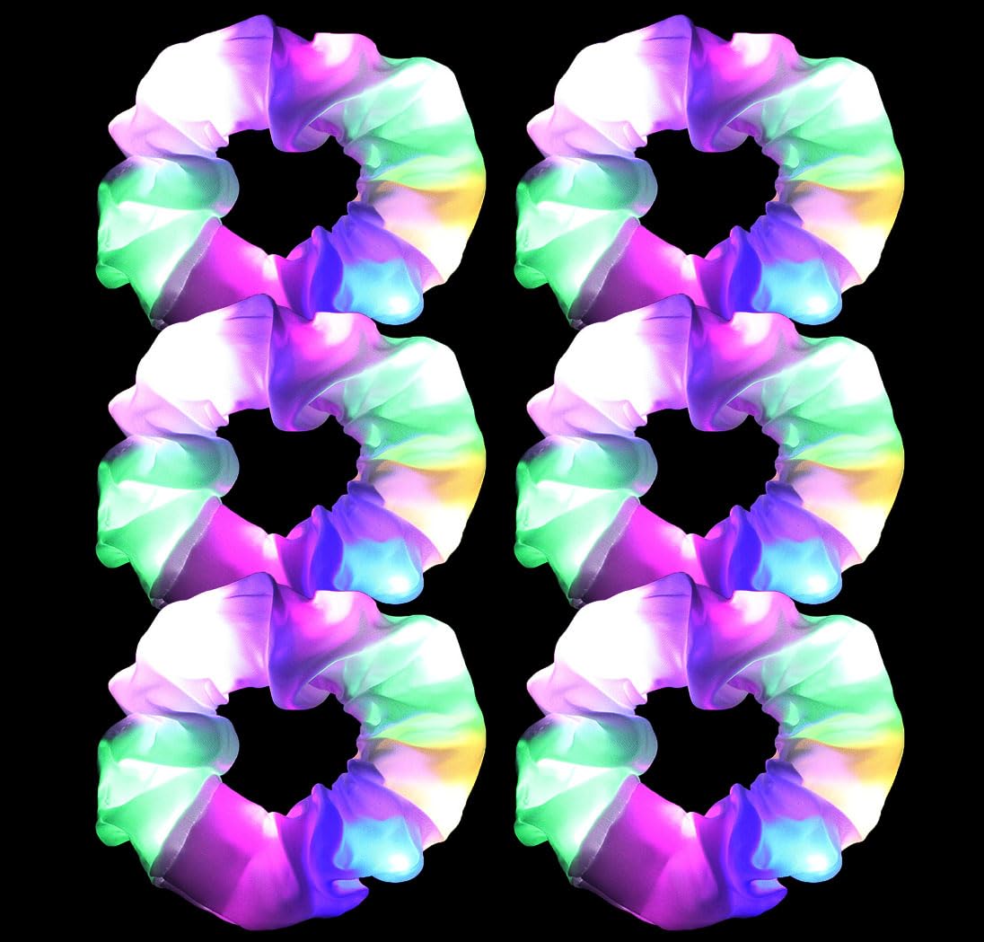 6 Pcs LED White Satin Scrunchies for Women, Light Up Hair Scrunchy for Girls, 3 Colors Light Modes, Glow in the Dark Hair Accessories for Christmas Rave Glow Party