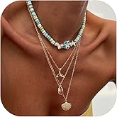 Summer Layered Shell Starfish Necklace for Women Bohemian Mermaid Necklaces Gold Plated Beach Choker Necklace with Shell and Mermaid Tail Pendant Surfer Clay Flower Stackable Charm Necklaces