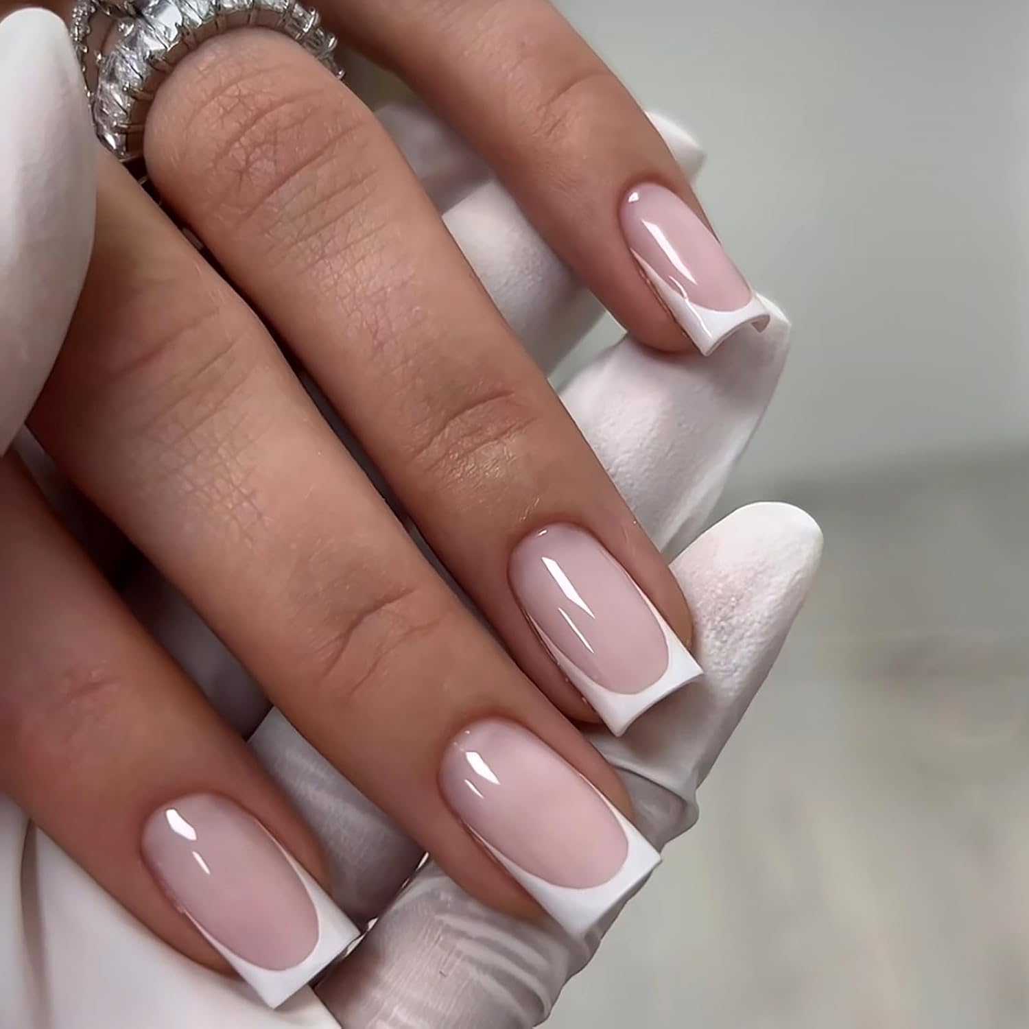 SXVME 30 Pcs Acrylic Press on Nails Short Square, White French Tip False Nails Short Coffin, Natural Nude Fake Nails Set Classic Soft Gel Stick on Nail for Women Daily Wedding Wear