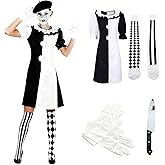 Women's Horror Clown Costume Jumpsuit Black and White Dress Set Movie Themed Outfit for Halloween Killer Clown Costume Outfit