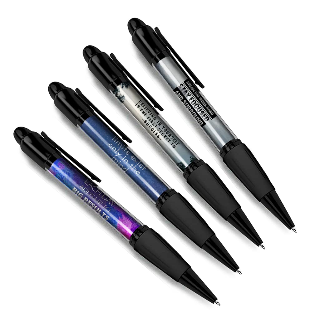 DV DESIGN Set of 4 Motivation Black Ballpoint Pens - Quote Inspire Work Success Theme Gift