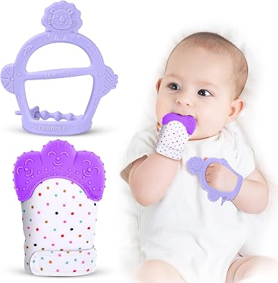 Vicloon Baby Teething Mittens 2Pcs Glove and Bracelet Silicone Teether Purple