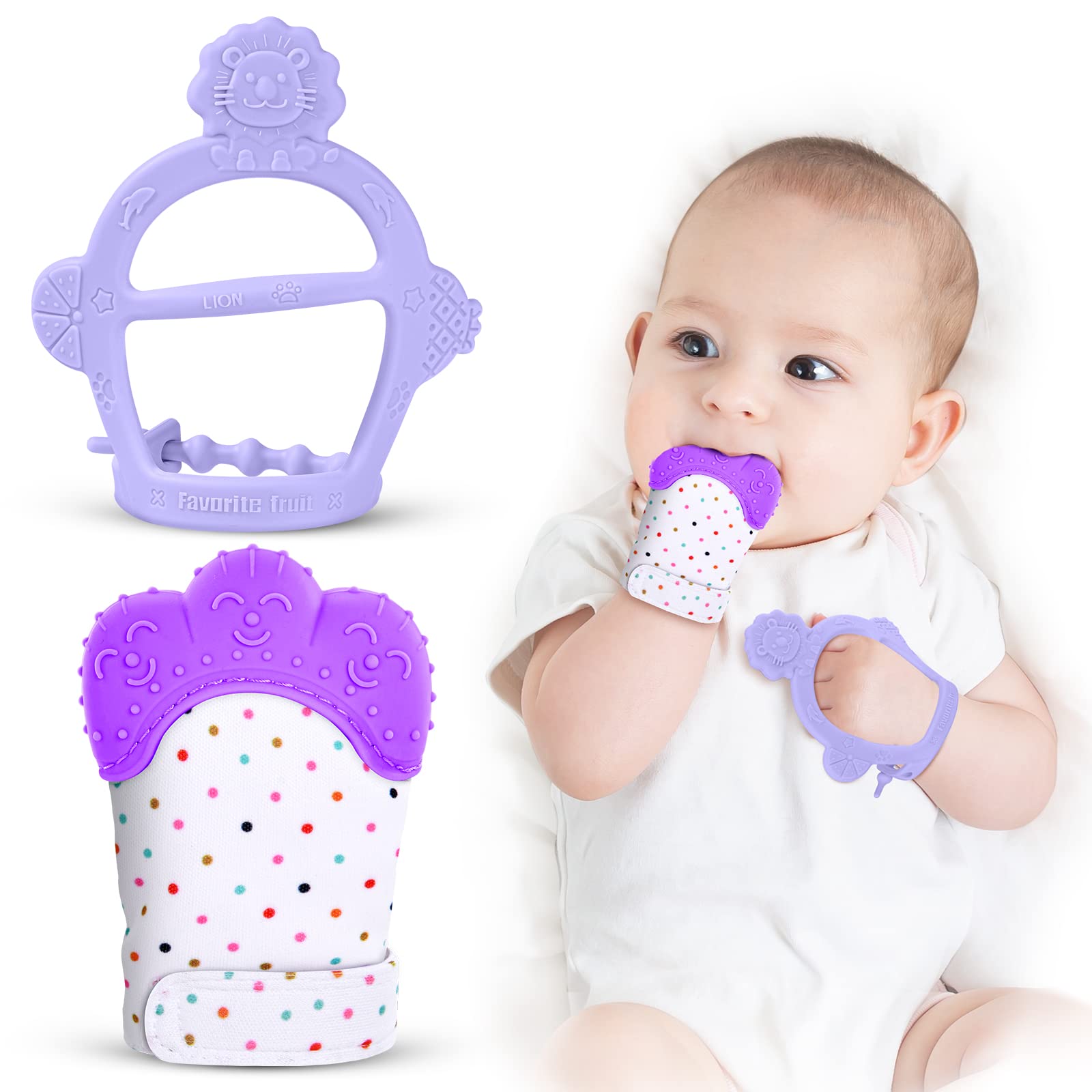 Vicloon Baby Teething Set, 2Pcs Mittens for Baby, Includes Chew Toy and Glove, Silicone Mitten Teether Infant Soothing Pain Relief Mitt Mits (Purple), 1.0 Count