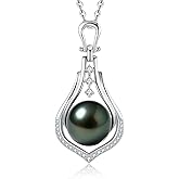 Genuine Tahitian Black Pearl Necklace for Women, 9-13mm AAAA Seawater Pearl - Sterling Silver Moissanite Pendant, Wedding Anniversary, Birthday, Christmas Gift for Wife, Mom, Girlfriend, Fine Jewelry