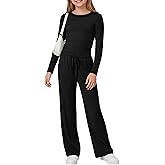 LessonZoo Girls 2 Piece Casual Sets Long Sleeve Crew Neck Top Straight Pants Outfits Drawstring Kids Stylish Clothing